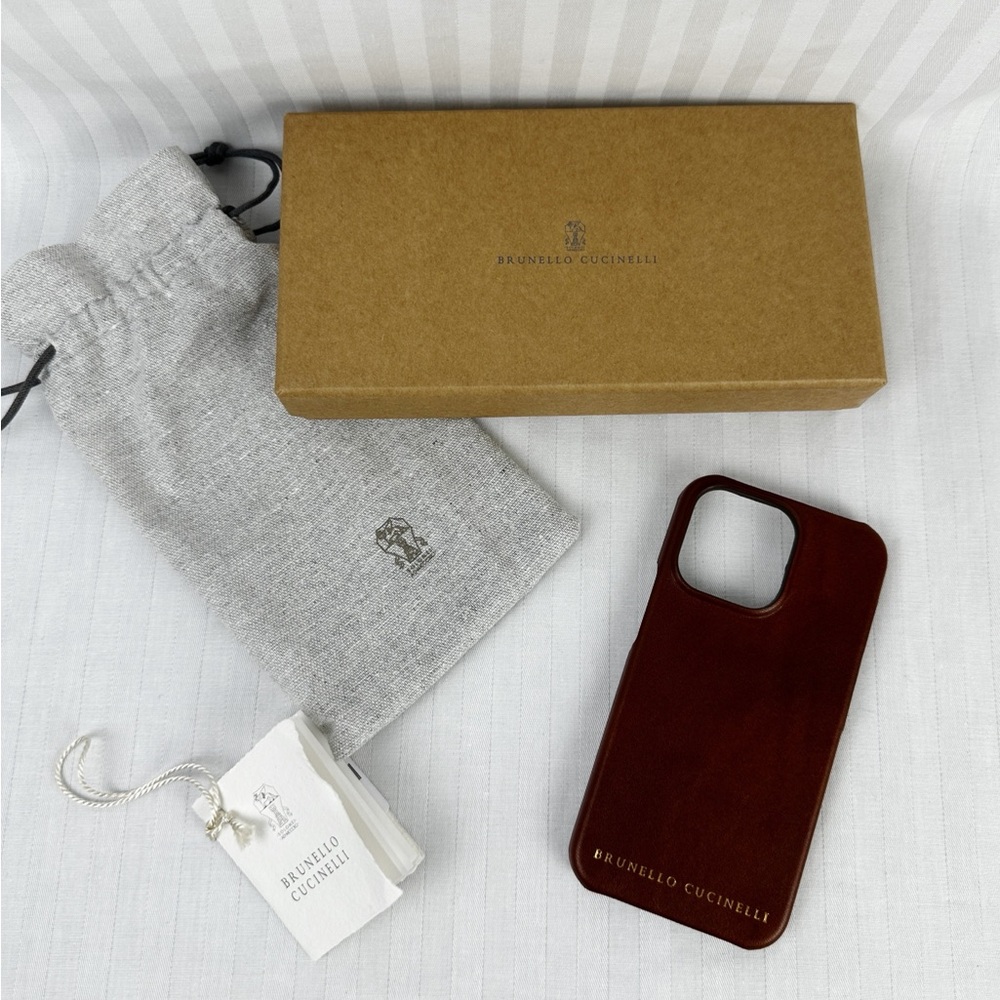 New! Brunello Cucinelli iPhone Case 13, 14, 15 Pro Brown Leather Made in Italy
